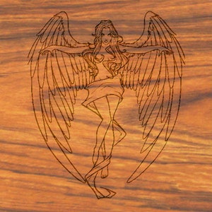 May include: A line drawing of an angel with wings spread wide. The angel is depicted as a woman with long flowing hair and a flowing robe. The drawing is on a wooden surface.