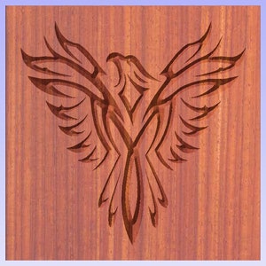 May include: A wood carving of a stylised phoenix with intricate details. The phoenix is carved in a dark brown colour against a light brown wood background.