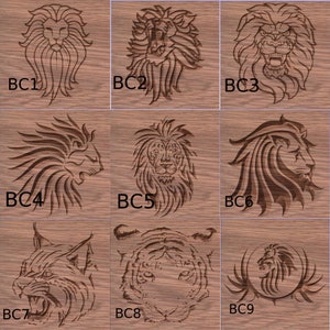 Peut inclure: Neuf motifs d'animaux gravés au pyrograve sur du bois, dont des lions, des tigres et un lynx. Chaque motif est étiqueté avec une lettre et un numéro, comme "BC1" et "BC9".