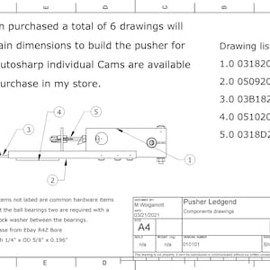Puede incluir: Dibujo técnico de un mecanismo de empuje con componentes numerados y una lista de dibujos. Incluye texto sobre dimensiones y levas individuales disponibles para la compra. El dibujo está en una hoja A4.