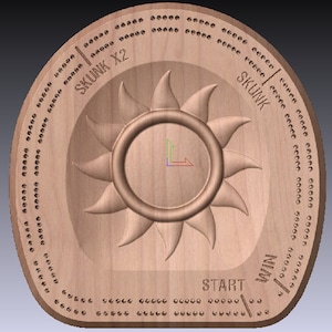 May include: A wooden game board with a sun design in the centre. The board has a circular shape with a raised edge. The board has a series of holes around the edge, and the text "SKUNK X2" and "SKUNK" are printed on the board. The text "START" and "WIN" are also printed on the board.
