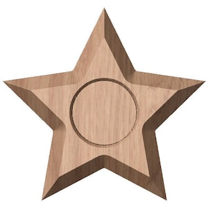 May include: A wooden star-shaped ornament with a circular cutout in the center. The star is a light brown color and has a smooth, polished finish.