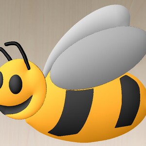 May include: A cartoon bee with a yellow body, black stripes, and a gray wing. The bee has a smiling face with two black eyes.