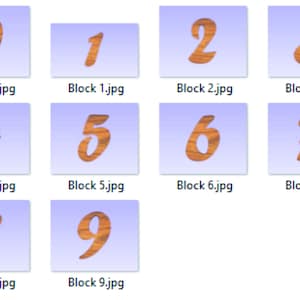 May include: A set of ten images, each showing a different number from 0 to 9. The numbers are made of wood and have a light brown colour. The background of each image is a light blue colour.
