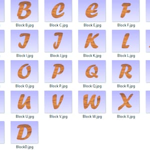 May include: A set of 26 alphabet blocks made of wood with a light brown wood grain finish. Each block features a letter of the alphabet in a stylised, handwritten font. The letters are painted in a dark brown colour. The blocks are arranged in alphabetical order.