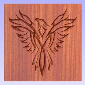May include: A wooden plaque featuring a carved design of a stylised phoenix with outstretched wings.