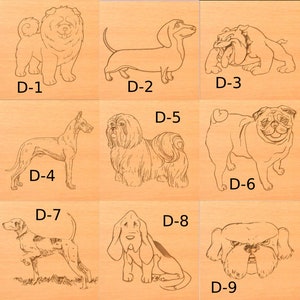 May include: Nine different dog breeds illustrated in black and white line art on a light wood background. The breeds are labeled with the letters D-1 through D-9.