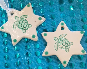 Turtle Star Ornament in Green for Hanukkah Christmas or Chrismukkah - Turtle Gift Tag - Interfaith Ornament - Sea Turtle Ornament