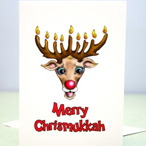 Carte de Noël - Hanoucca et carte de voeux de Noël - carte interconfessionnelle - carte de Noël juive - carte menorah renne - carte de vœux