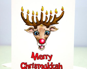 Chrismukkah Card - Chanukah and Christmas Greeting Card - Interfaith Card - Jewish Christmas Card - Reindeer Menorah Card - Holiday Card