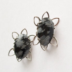 Vintage Oval Earrings Oval Faux Gemstone Clip On Earrings Faux Gemstone Earrings Black Grey Silver Toned Clip Back Earrings