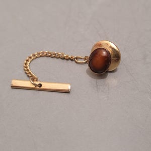Vintage Small Aged Gold Toned Tie Pin Tiny Brown Stone Mens Simple Tie Lapel Tack Pin Unmarked Gold Colored Tie Pin Vintage Accessories