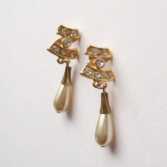Vintage Pearl Dangle Earring Set Dangling Rhinest… - image 1