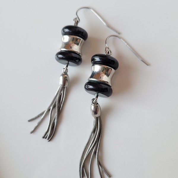 Vintage Pierced Earrings Black and Silver Toned Dangle Earrings Unique Earrings Hook Earrings Vintage Costume Jewelry