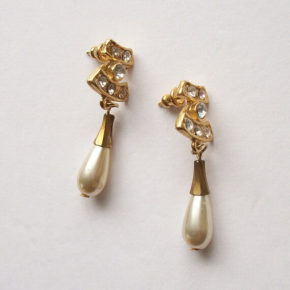 Vintage Pearl Dangle Earring Set Dangling Rhinest… - image 3