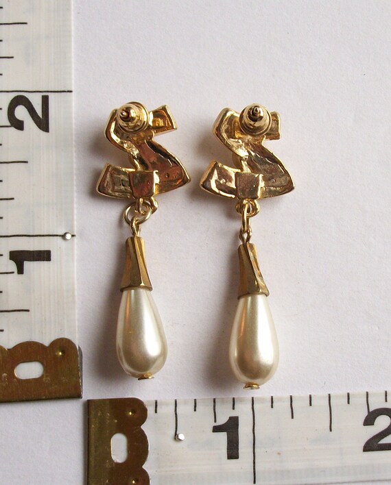 Vintage Pearl Dangle Earring Set Dangling Rhinest… - image 4