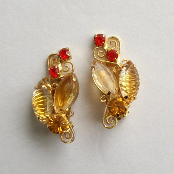 Stunning Rhinestone Earrings Orange Rhinestone Cli
