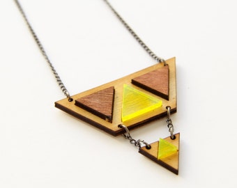 Zelda Layered lasercut necklace in wood and neon acrylic