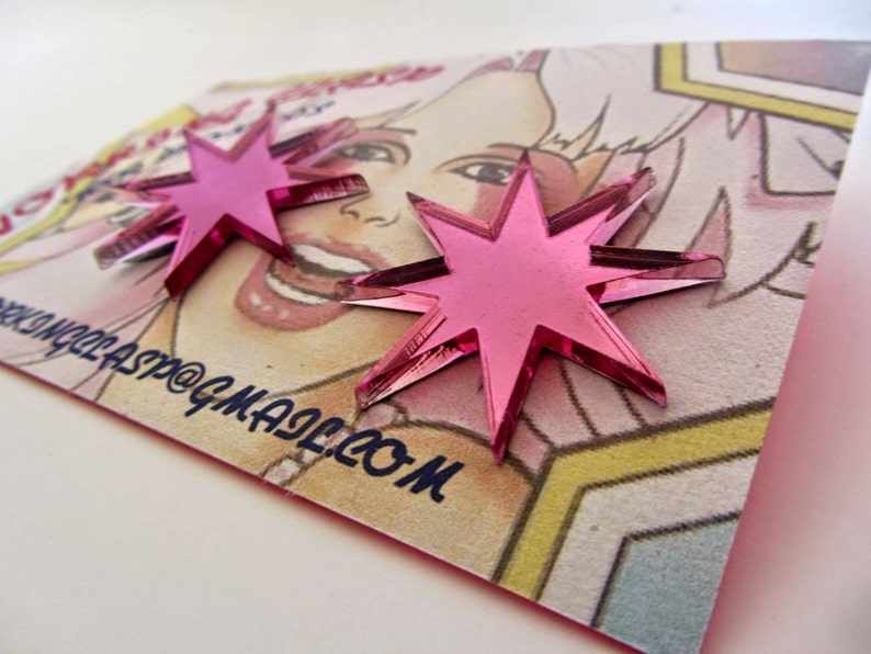 Jem And The Holograms inspired laser cut acrylic mirror pink earrings image 2