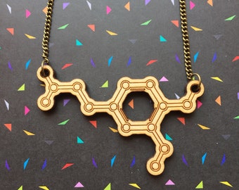Dopamine Molecule Necklace; Pleasure Chemical, Laser Etched & Cut Wood.