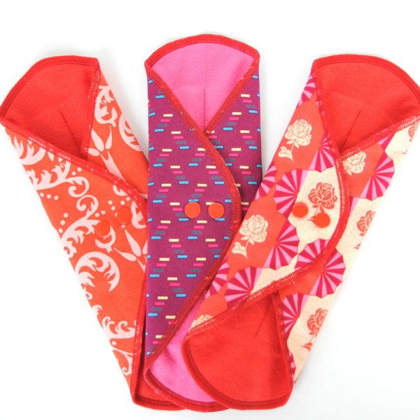 Set of 3  Cloth Menstrual Pad 7.5inch 10inch Orange vine/ Candy rose/Purple invader/ Cotton flannel and hemp absorbent pad