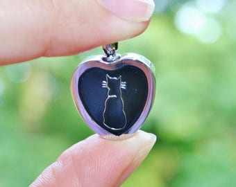 Urn Cat Heart Cremation PENDANT or NECKLACE Holds Cremains Ash Locket Kitten Kitty Loss In Memory of Beloved Pet Memorial Gift Grief Black
