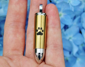Urn Golden Bullet Cremation PENDANT or NECKLACE Holds Cremains Ashes Ash Locket Dog Cat Pawprint In Memory of Beloved Pet Loss Memorial Vial