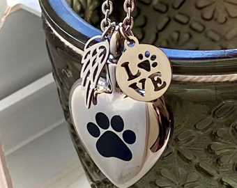 Pet Cremation Jewelry Dog Cat Paw Print on My Heart Urn Pendant Angel Wing Charm LOVE Pawprint Ash Necklace Key Ring Memorial Gift Always