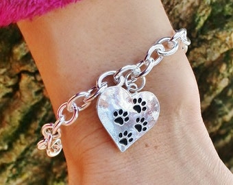 Pawprints On My Heart Paw Print Charm Bracelet Pet Jewelry Silver Chain Four Paws Dog Mom Cat Lady Lover Gift Mom Ladies Girls I Love My