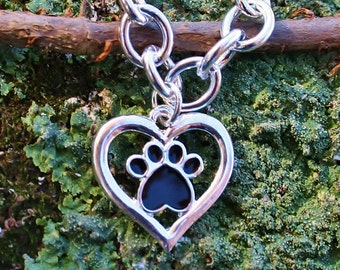 Paw Print Charm Bracelet Pawprint Jewelry Gift Silver Chain In My Heart Silhouette Dog Lover Cat Lady Memorial Loved BENEFITS PET RESCUE