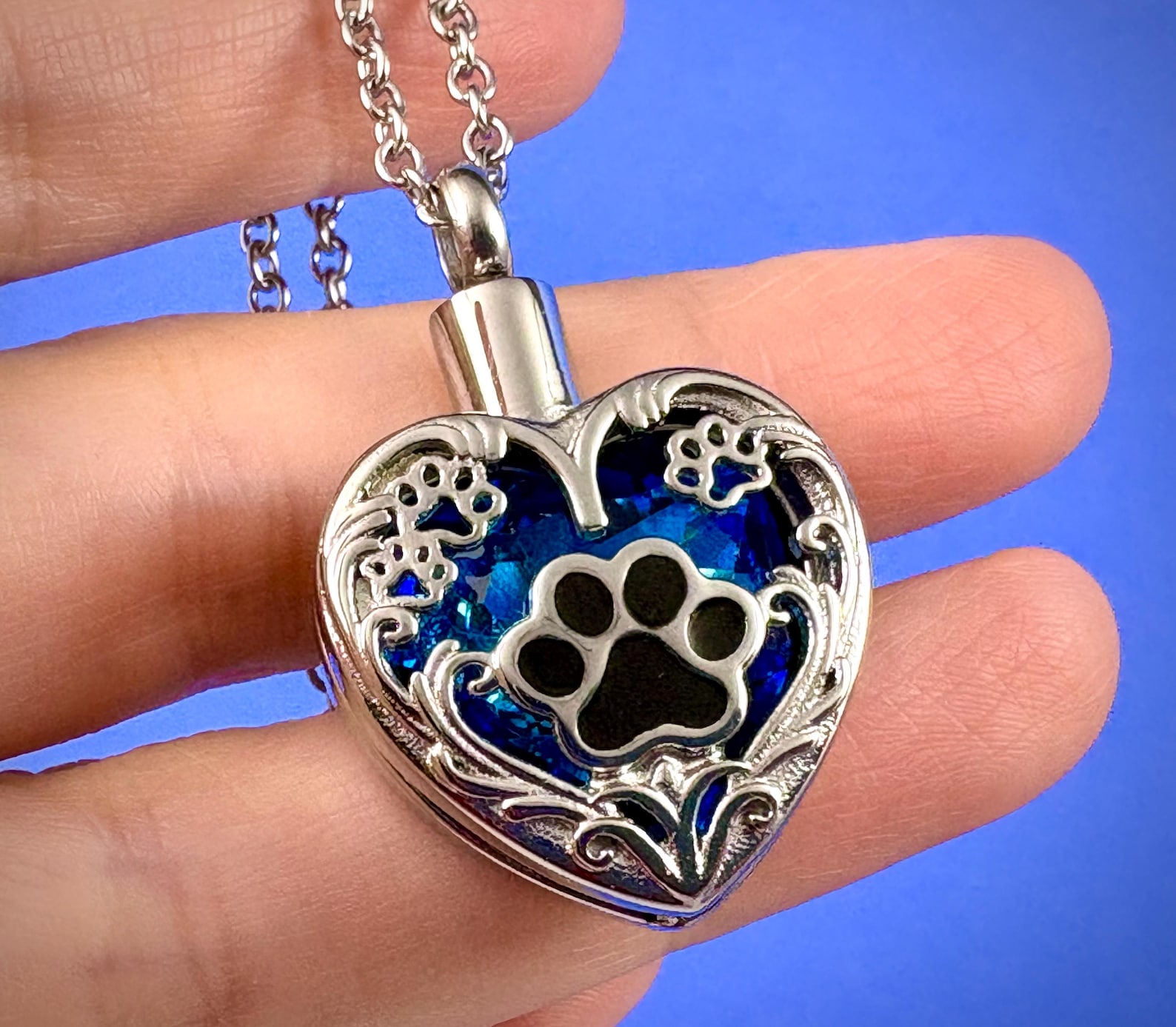 Cobalt Blue Silver Heart Black Paw Print Pet Cremation Jewelry for Ash ...