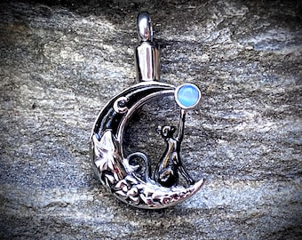Urn Cat Moon Cremation PENDANT or NECKLACE Holds Cremains Ash Locket Kitten Kitty Loss In Memory of Beloved Pet Memorial Gift Ladies Engrave