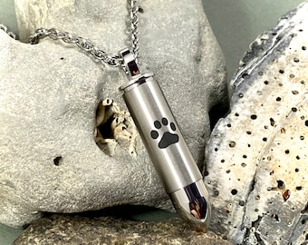 Mens Pet Cremation Jewelry SILVER BULLET for Ashes Urn Necklace Ash Pendant Dog Cat Paw Print Memorial Gift Stainless Steel Chain Loss Loved