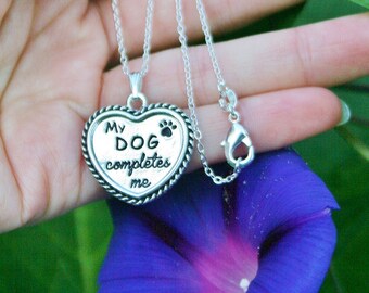 My Dog Completes Me Necklace Jewelry Sterling Silver .925 Chain w Plated Paw Print Charm Pendant Ladies Girls Heart Puppy Mom Lover Gift