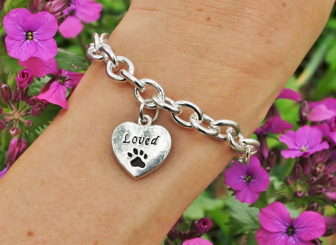 Pet Memorial Charm Bracelet Jewelry Silver Chain Loved Paw Print Loss