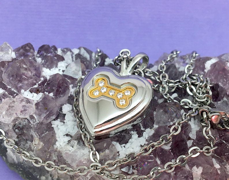 Dog Pet Urn Necklace Pendant Jewelry Gold Crystal Bone In Silver Heart Holds Ashes Cremation With or Without Chain Memorial Gift Ladies Love