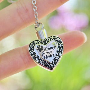 May include: Silver heart-shaped cremation necklace with a paw print and the inscription "Always in my Heart".