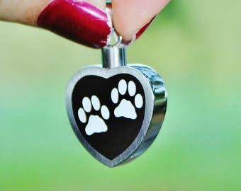 Urn 2 Paw Prints on My Heart Cremation PENDANT or NECKLACE Holds Cremains Ash Locket Dog Cat Pawprint In Memory of Beloved Pet Loss Memorial