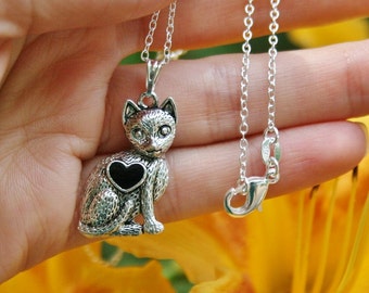 Cat Lady Necklace Jewelry Sterling Silver .925 Chain w Plated Kitty Charm Pendant Kitten Lover Ladies New Vintage/Antique-Look Girls Gift