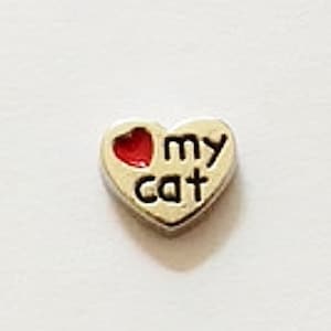 I Love My Cat Floating Charm for Glass Locket Jewelry Necklace Heart Floater Tiny Kitty Kitten Luv Valentine Silver Living Memory Magnetic