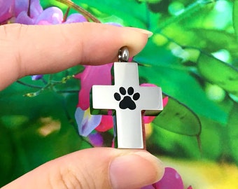 Urn Paw Prints Cross Cremation PENDANT or NECKLACE Holds Cremains Ash Locket Dog Cat Pawprint In Memory of Beloved Pet Loss Memorial Unisex
