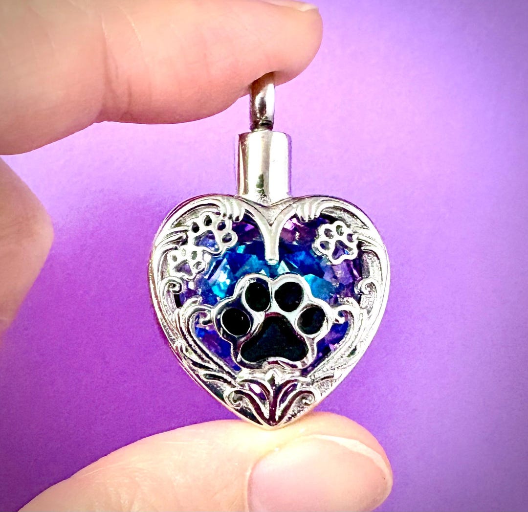Purple Heart Urn Pet Paw Prints ENGRAVED Cremation PENDANT or NECKLACE ...