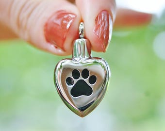 Urn Paw Print on My Heart Cremation PENDANT or NECKLACE Holds Cremains Ash Locket Dog Cat Pawprint In Memory of Beloved Pet Loss Memorial