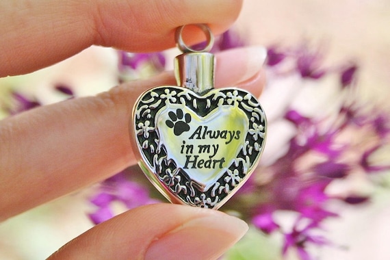 Urn Always in My Heart Cremation PENDANT or NECKLACE with Name Engraving Holds Cremains Ashes Ash Locket Dog Cat Pawprint Pet Loss Memorial
