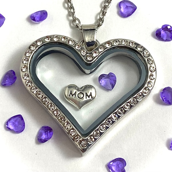 Mother's FEBRUARY Birthstone Glass Locket Necklace Child's Birthday "Amethyst" Purple Lavender Crystal Heart Floating Charm Kid Jewelry Gift