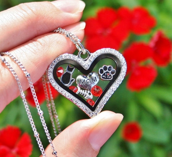 Stainless Steel Floating Charms Love Heart Glass Locket Pendant Necklace 