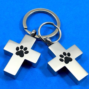 Paw Print Key Ring Pet Cremation Jewelry Urn Christian Cross for Ash Pendant Necklace Chain Pawprint Dog Cat Memorial Gift Men Women Unisex