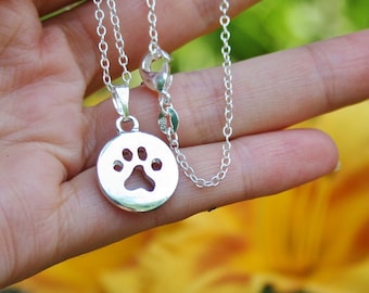 Paw Print Necklace Jewelry Sterling Silver .925 Chain Round w Plated Cut-Out Charm Pendant Pet Dog Cat Animal Rescue Adopt Birthday Gift