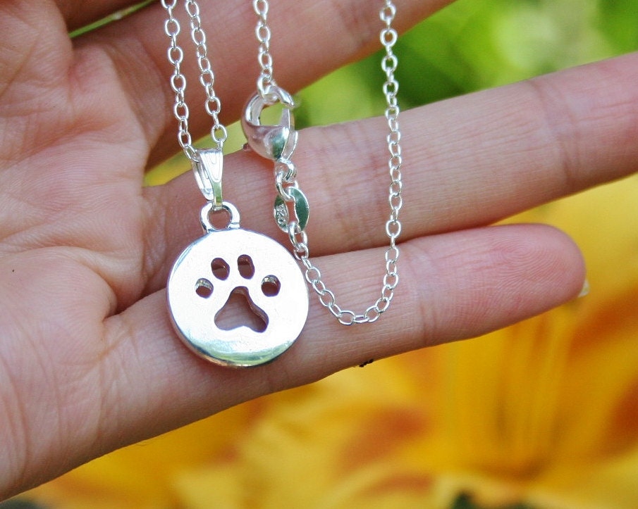 Pawprint Pendant Necklace Sterling Silver Charm Round Paw Print 24" Box Chain