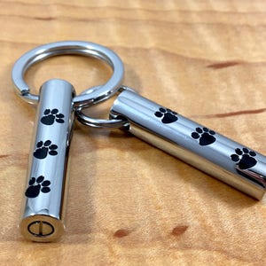 Mens Ladies Cremation Key Ring Chain Jewelry Urn for Pet Ashes Paw Print Dog Cat Loss Memorial Gift Necklace Pendant Small Silver Vial Loved